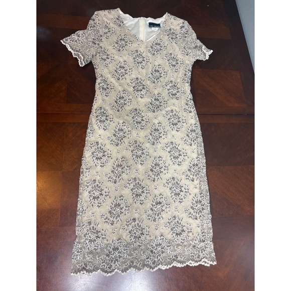 Vintage Dresses & Skirts - Vintage Lace Overlay Midi Dress Beige Brown Floral Short Sleeve Formal Size 10